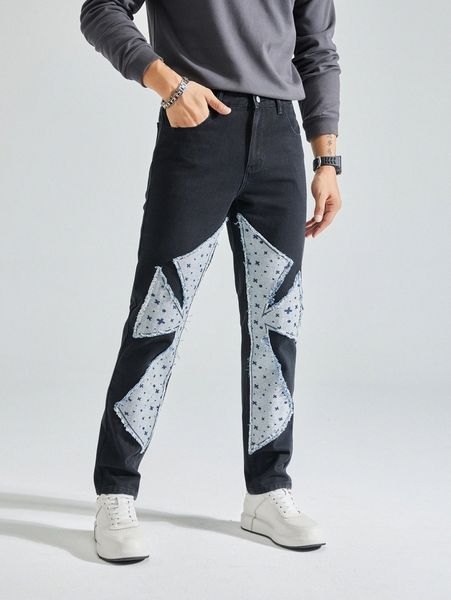 

men geo print colorblock raw trim jeans m3lk#, Blue