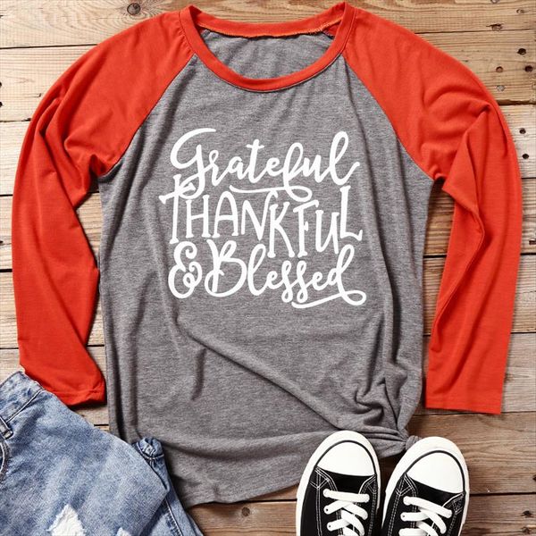 

повседневный длинного рукав camiseta mujer благодарного t shirt femme письмо печать благодарение хлопок футболка осень женская мода, White
