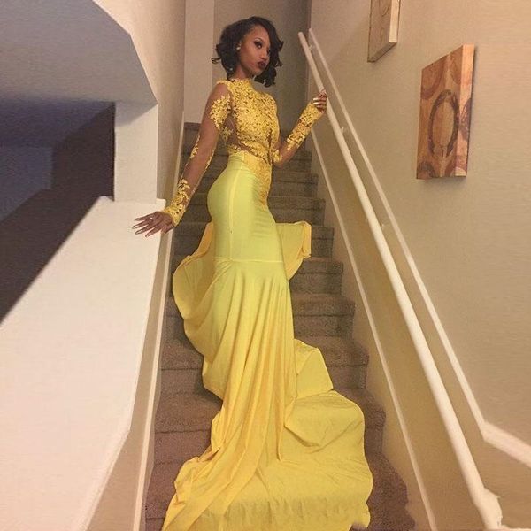 

long train african yellow mermaid prom dresses illusion bodice high neck appliques lace long sleeve special occasion dress evening, Black