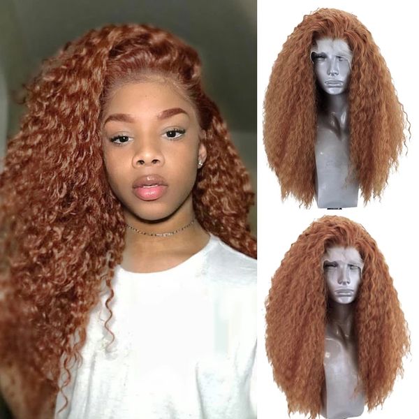 Longo Afro Kinky peruca Castanho Claro sintética peruca dianteira do laço Natural da linha fina ao Lado Lace Wigs da Mulher Negra
