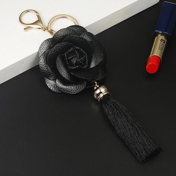 

new arrival camellia leather flower with tassel key chain golden fashion key ring women bag pendant car keychain eh883 h bbyrph