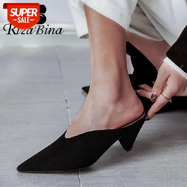 

rizabina spring women mules pumps genuine leather pointed toe slip on simple strange heel fashion ladies footwear size 34-39 #w54s