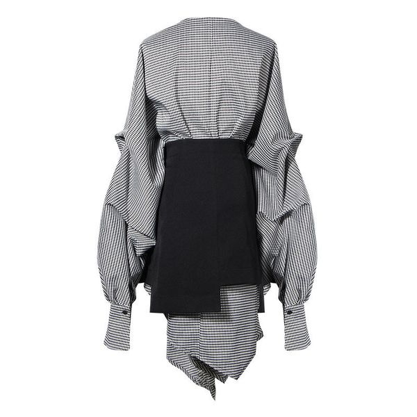 

[eam] women black plaid irregular stitch big size dress new v-neck long sleeve loose fit fashion tide spring autumn 2020 lj201204