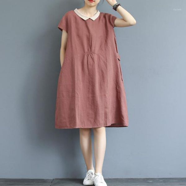 

johnature vintage summer dress loose solid color short sleeve button turn-down collar loose 2020 new clothes women dress1, Black;gray