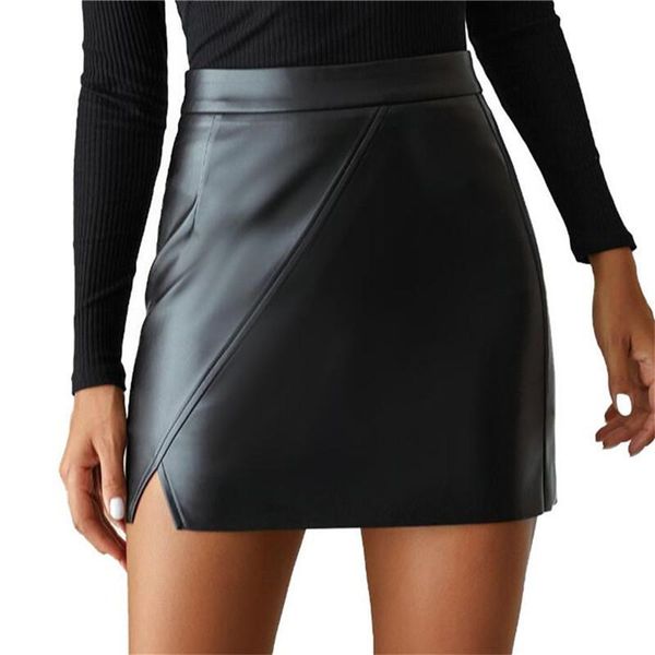 

skirts autumn winter ladies bodycon skirt 2021 pu leather women mini high waist split a-line female short, Black