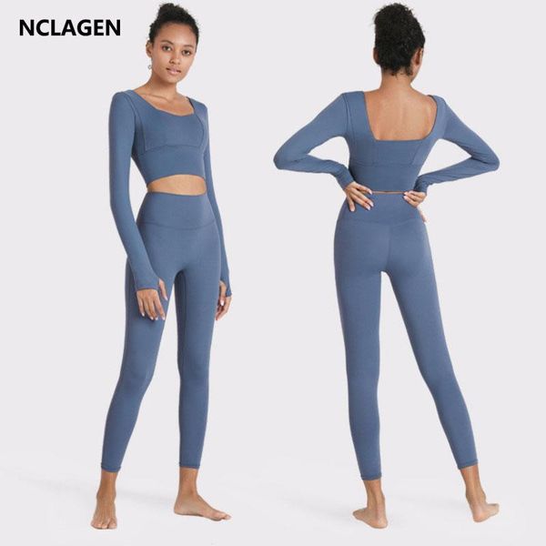 

nclagen sportswear woman gym long sleeve yoga set 2 piece naked feel buttery-soft fitness suit 4-way stretch training tracksuit, White;red