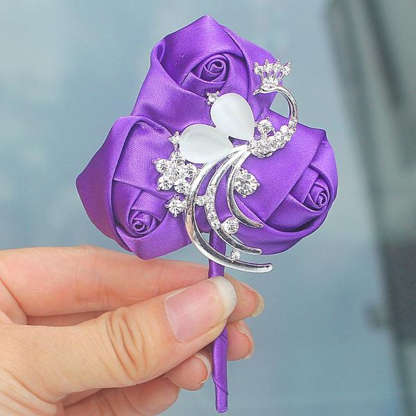 

romantic purple rose flower diamond peacock wedding brooch flowers bridal wedding dress prom man suit pin corsage