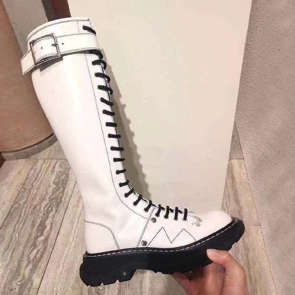 

boots latform knee high women long leather shoes woman zapatos mujer runway platform wedgeboots lace up belt combat knight, Black