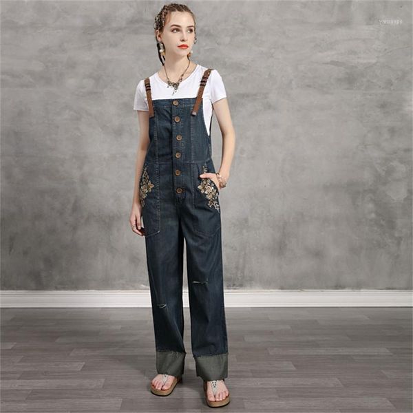

vintage women denim jumpsuit 2020 summer bodysuit adjustable shoulder flower embroidery single breasted jumpsuits 822181, Black;white