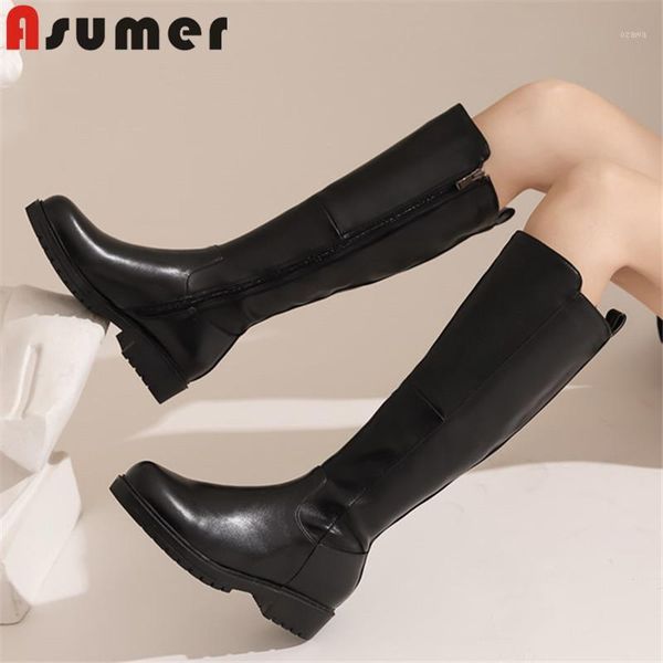 

boots asumer 2021 arrive knee high women pu zip round toe autumn winter low heel casual shoes ladies riding boots1, Black