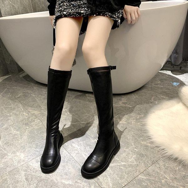 

boots knee high low heels women shoes pu leather motorcycle punk metal buckle thigh 2021, Black