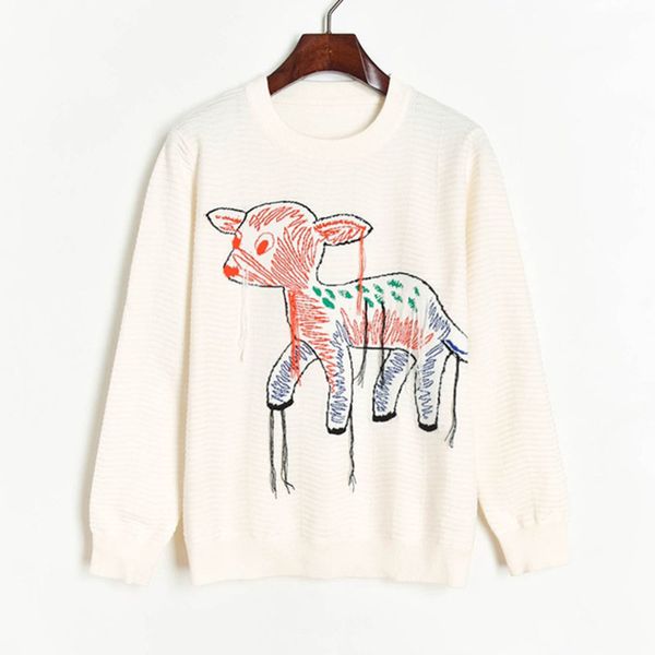 

christmas sweaters women winter clothes embroidered deertassel pink white casual long sleeve knitted pullovers undefined za h1211, White;black