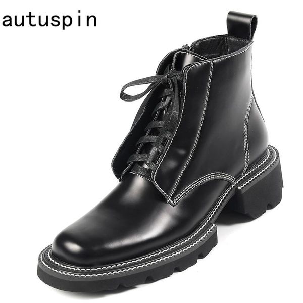 

autuspin women fashion motorcycle boots 2020 winter and autumn genuine leather cross tied chunky shoes trendy design boots woman, Black