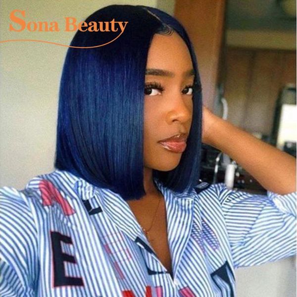 

dark blue bob wig 13x4 pre plucked brazilian remy short lace front human hair wigs for black women, Black;brown