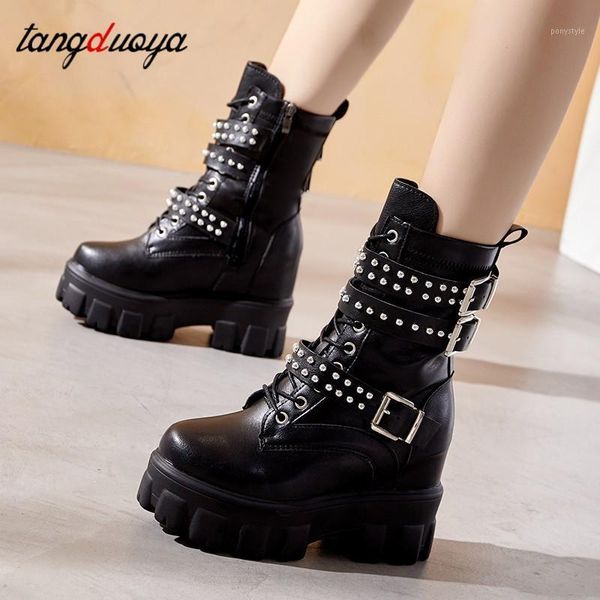 

boots rivets women block heel gothic black punk style platform shoes pu leather buckle female footwear1