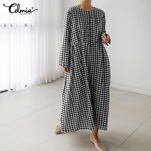 

celmia fashion casual women long sleeve loose shirt vintage dress plaid maxi dresses elegant party oversized vestidos female 5xl1, Black;gray