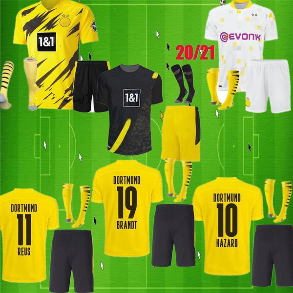 

haaland 9 hazard 10 borussia 20 21 dortmund soccer jersey emre can 23 2020 2021 football shirt 110th sancho reus hummels kids kit, Black