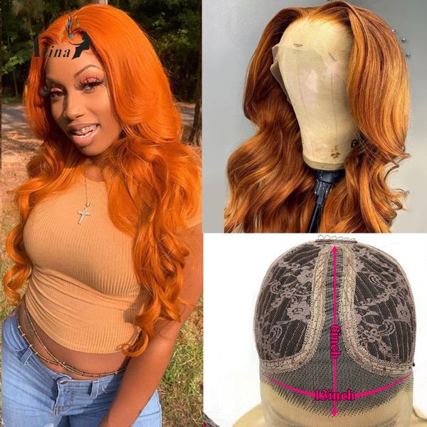 

lace wigs atina ginger orange colored wig pre plucked remy bleach knots body wave natural hairline swiss front human hair, Black;brown