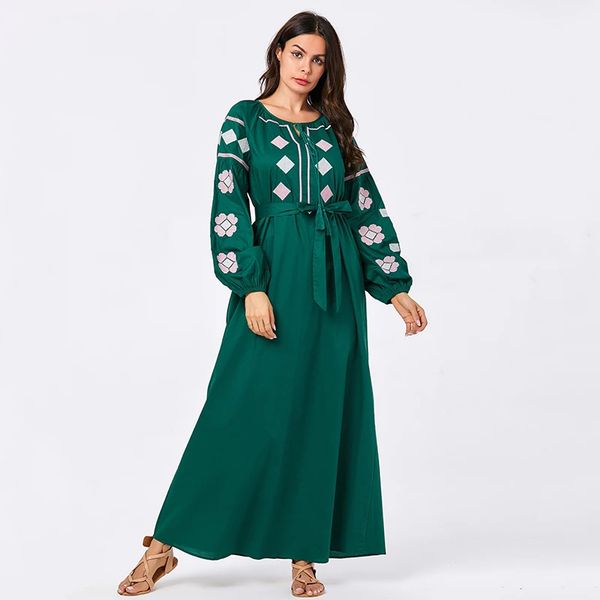 

Elegant Ethnic Embroidery Long Dress High End Green Round Neck Long Sleeve Casual Maxi Dresses Plus Size Autumn, Red