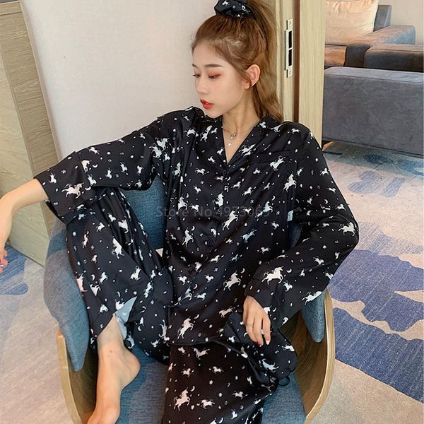 

4pcs/set long sleeve pajamas autumn ice silk homewear pajamas set women long sleeve trousers suit printing fashion pyjamas set h1210, Black;red
