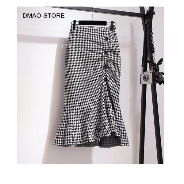 

2020 winter skirt female high waisted vintage skirt single breasted button houndstooth pencil mermaid bodycon1, Black