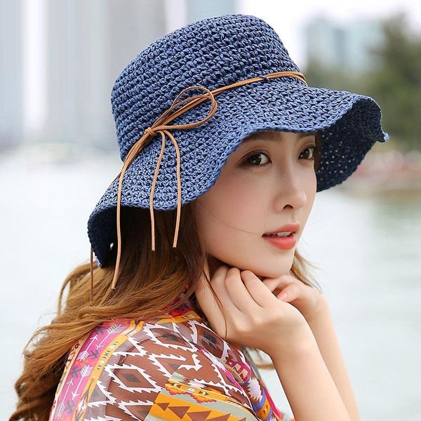 

wide brim hats princess sweet straw hat soft sun cap girls beach foldable weave students outside travel b-7992, Blue;gray