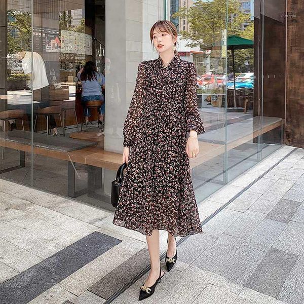 

2020 new spring autumn women dress elegant floral chiffon dress korean fashion cold style vintage long1, Black;gray