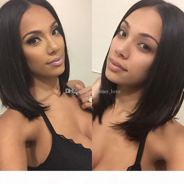 

good quality glueless full lace wigs for black women natural color short bob brazilian human hair wigs silk straight human hair wigs, Black;brown