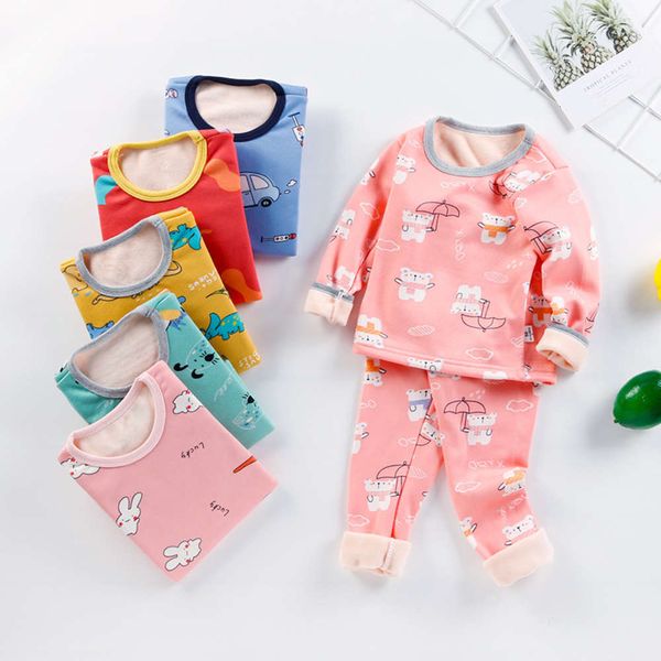 

children's warm underwear set men's women's plush and thickened cloth autumn pants baby's winter pajamas, Blue;red