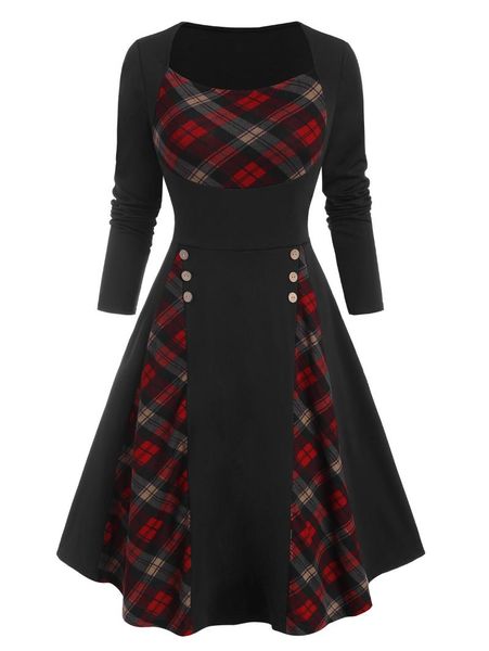 

kenancy gothic women dress plaid panel mock button long sleeve dress o neck casual autumn a-line vintage party vestidos, Black;gray