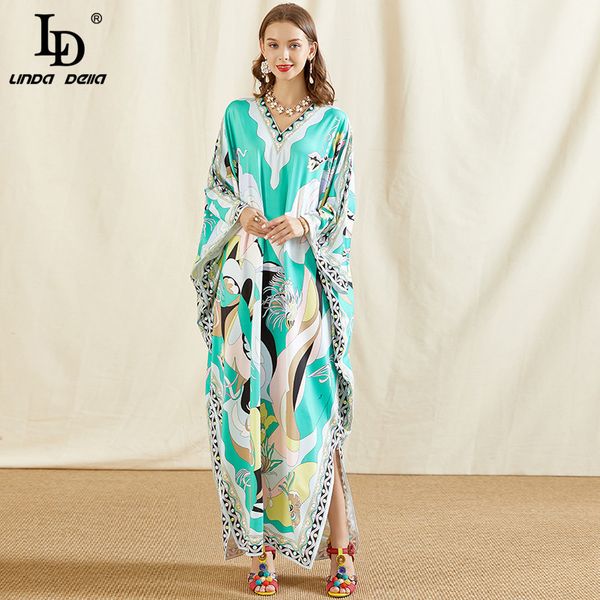 

ld linda della fashion runway floor-length long dress plus size women batwing sleeve knitting elastic printed loose maxi dress 201204, Black;pink