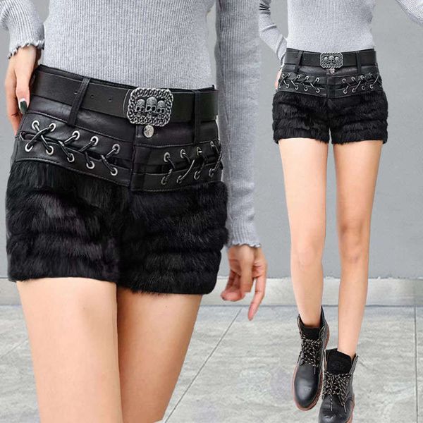 

shorts women's combination rabbit hair pu autumn winter new slim fashion leather boots pants, Black;gray