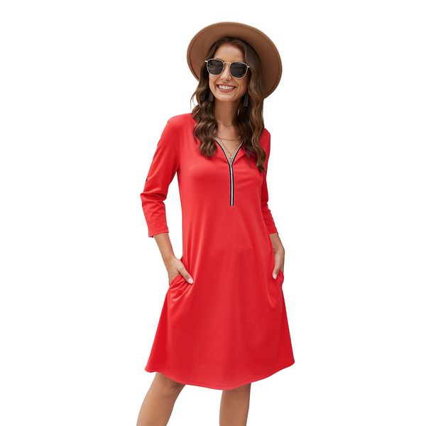 

2020ebay 3/4 sleeve v-neck loose zip midi dress, White;black