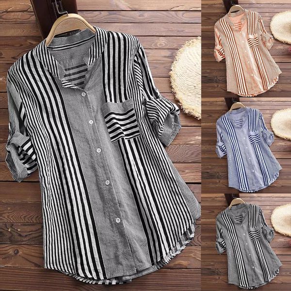 

h35 womens and blouses 2020 plus size three quarter striped blouse print v neck loose fit blouse ropa mujer moda, White