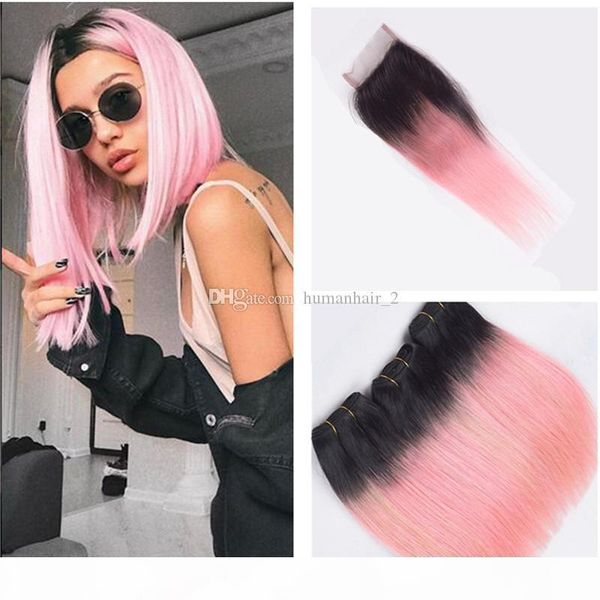 

#1b pink two tone ombre human hair weaves with closure straight dark roots pink ombre full lace 4x4 frontal closure with 3 bundles, Black;brown