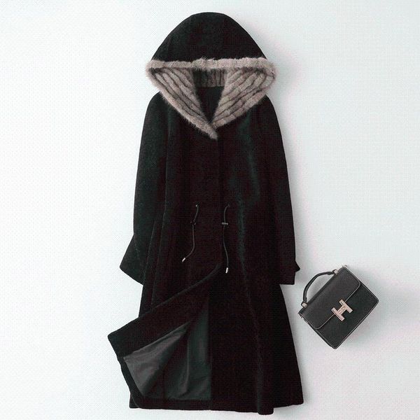 

mink real natural coat female fur hooded jacket women winter clothes 2020 korean vintage sheep shearing 100% wool 19586, Black