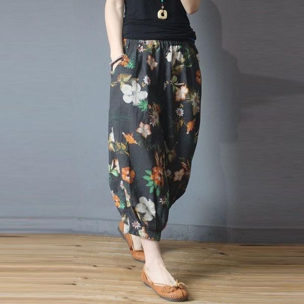 

2020 summer arts style women elastic waist calf-length loose casual pants vintage print cotton linen harem pants plus size m195, Black;white