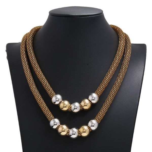 

antique gold color double layers network chain beads charm statement necklace female fashion trends jewelry bijoux accessories, Silver