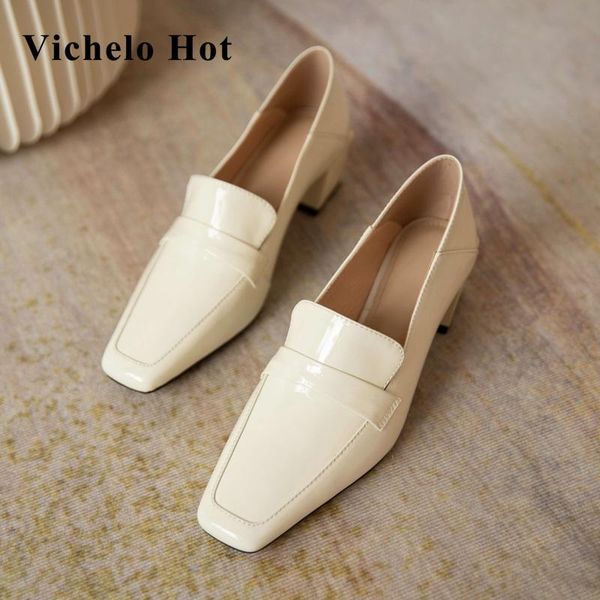 

dress shoes vichelo cow patent leather square toe med heel preppy style young lady streetwear deep mouth slip on basic women pumps l1f1, Black