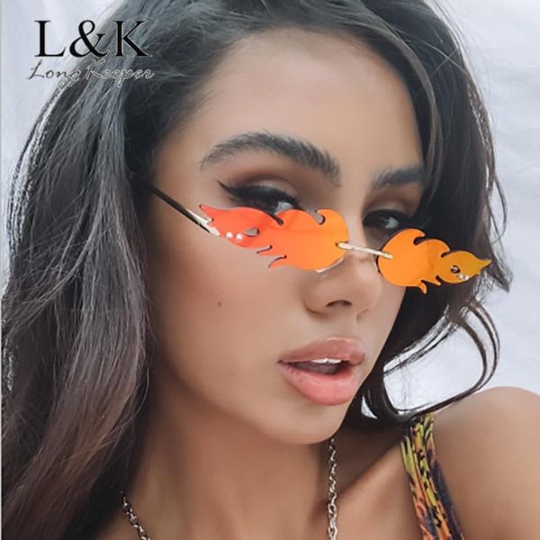 

longkeeper fire flame sunglasses women men 2020 fashion rimless wave eyewear luxury trending narrow shades sun glasses oculos, White;black