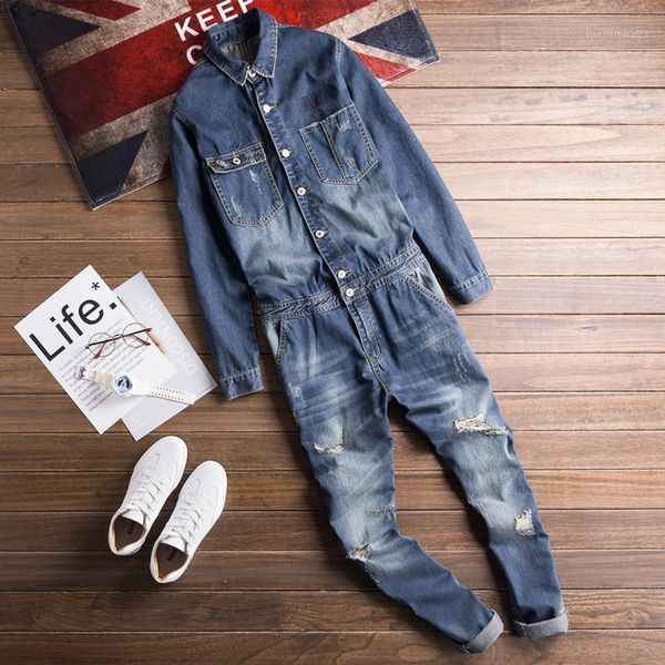 

men's jeans spring trendy male siamese denim jacket suit japanese retro locomotive tooling jumpsuit slim korean hip-hop jumpsuit1, Blue