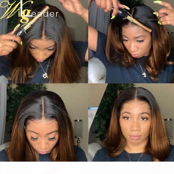 

1b 4# ombre human hair lace front wigs blunt bob cut preplucked glueless lace frontal wigs swiss middle part remy hair wig, Black;brown
