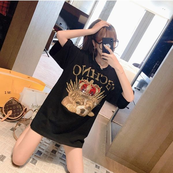 

heavy industry drill short sleeve t-shirt women's summer inlaid loose korean mid t-shirt diamond long ins fashion brand with diamond, White