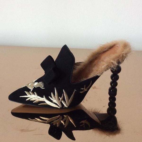 

dress shoes women black suede pumps pointed toe spring mules butterfly knot ladies formal party beading high heels zapatos