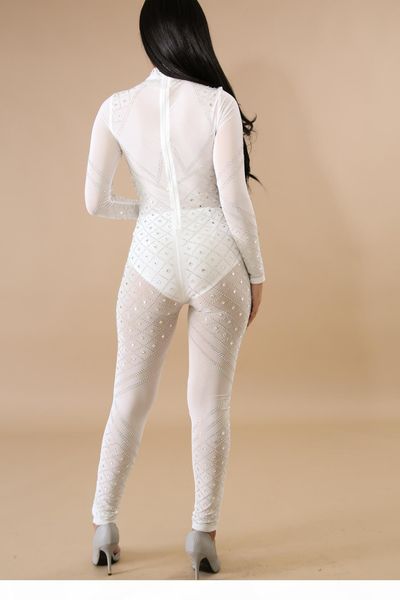 

2018 spring autumn new women fashion sequins skinny slim drilling back zipper perspective one piece suit bling nightclub jumpsuits, Black;white