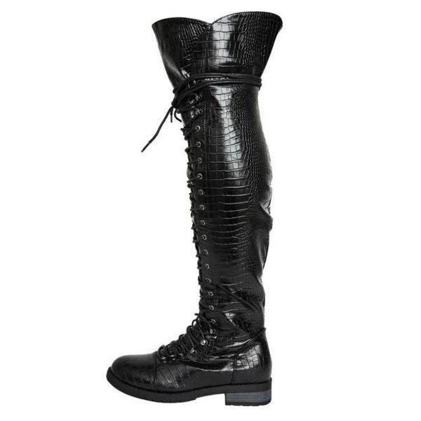 

boots [deat] 2021 round toe lace up knee-high pu leather single shoes women cool autumn and winter fashion tide sg995, Black