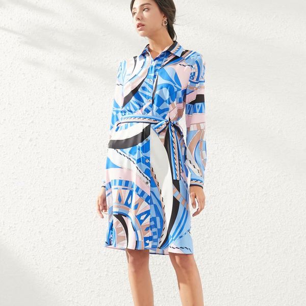 

spring style boho retro print long sleeve thin belt adjustment single temper trimmed shirt dress women's clothes hmy4, Black;gray