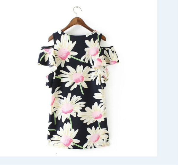 

new style print off shoulder women's loose and thin a-line medium length dress short sleeve pullover skirt, Black;gray