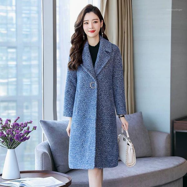 

2020 autumn winter woman faux mink woolen coat cardigan female long loose woolen jacket outerwear overcoat casaco mujer k1521, Black