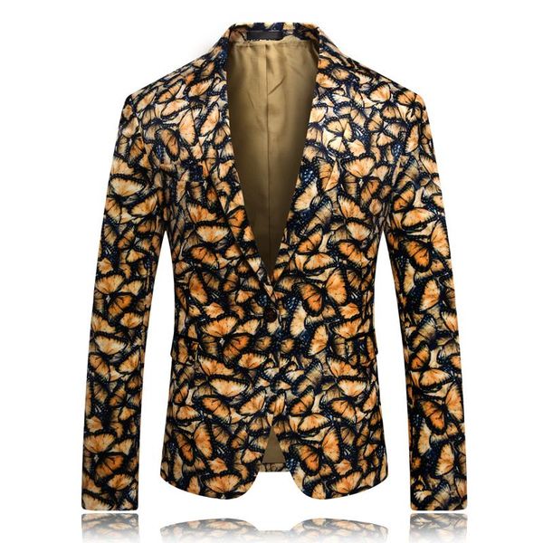 

brand new long sleeve slim fit one button blazer fashion yellow butterfly print suit men jackets jacket plus size 5xl, White;black